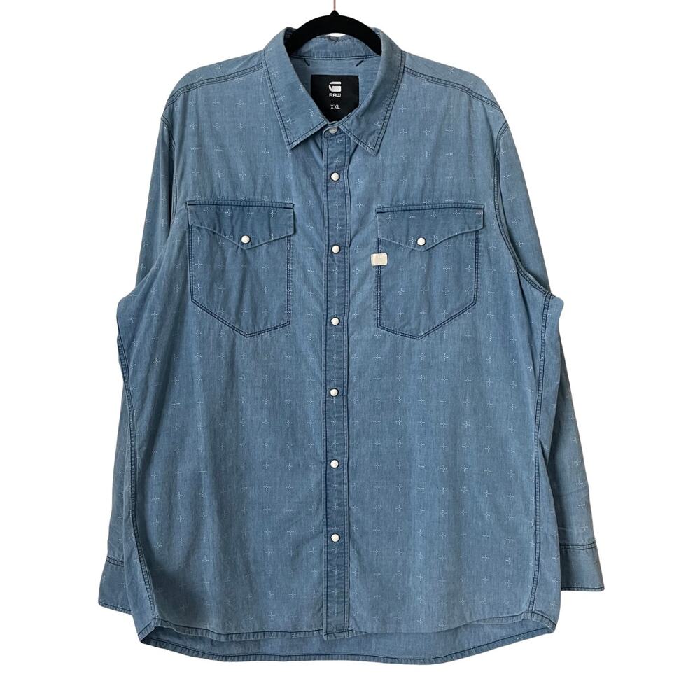 G Star Raw‎ Shirt Mens 2XL Chambray Pearl Snap Button Up Western Rodeo Cowboy